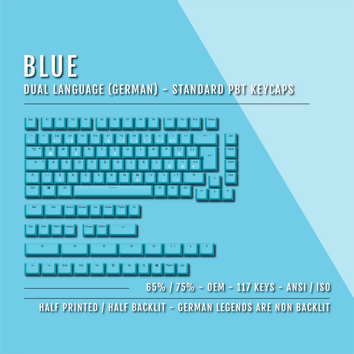 Blue German (ISO-DE) Dual Language PBT Keycaps - 65/75% Krome Keycaps LTD german