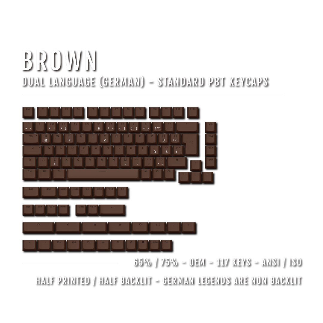 Brown German (ISO-DE) Dual Language PBT Keycaps - 65/75% Krome Keycaps LTD german