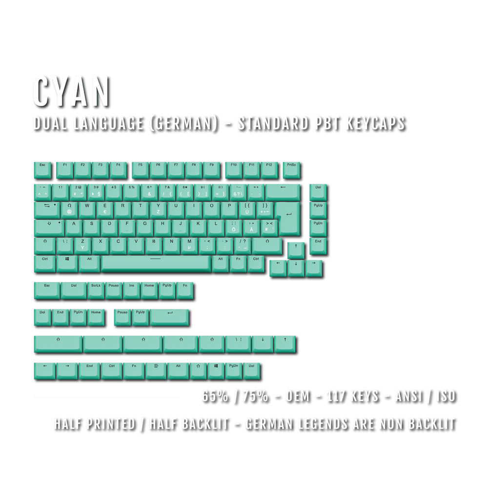 Cyan PBT German Keycaps - ISO-DE - 65/75% Sizes - Dual Language Keycaps - kromekeycaps