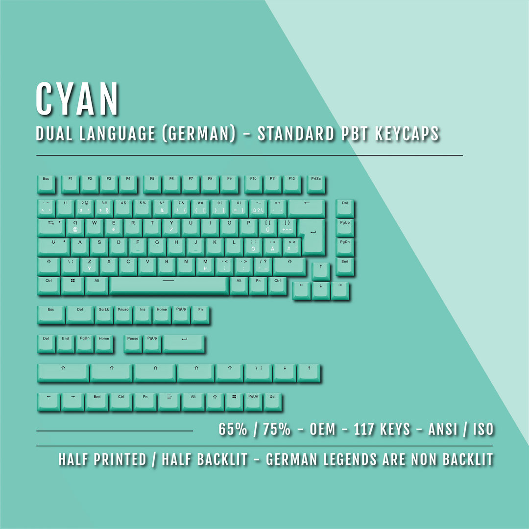 Cyan PBT German Keycaps - ISO-DE - 65/75% Sizes - Dual Language Keycaps - kromekeycaps
