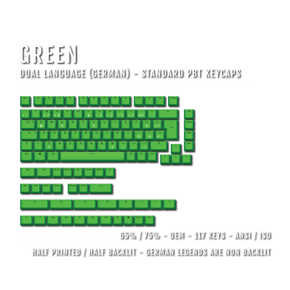 Green German (ISO-DE) Dual Language PBT Keycaps - 65/75% Krome Keycaps LTD german