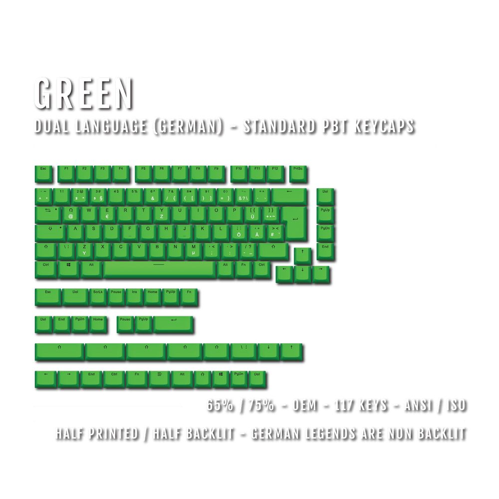 Green PBT German Keycaps - ISO-DE - 65/75% Sizes - Dual Language Keycaps - kromekeycaps