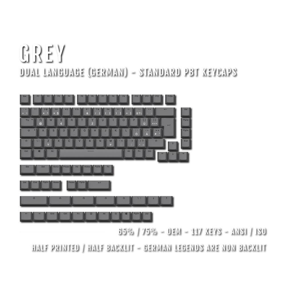 Grey PBT German Keycaps - ISO-DE - 65/75% Sizes - Dual Language Keycaps - kromekeycaps