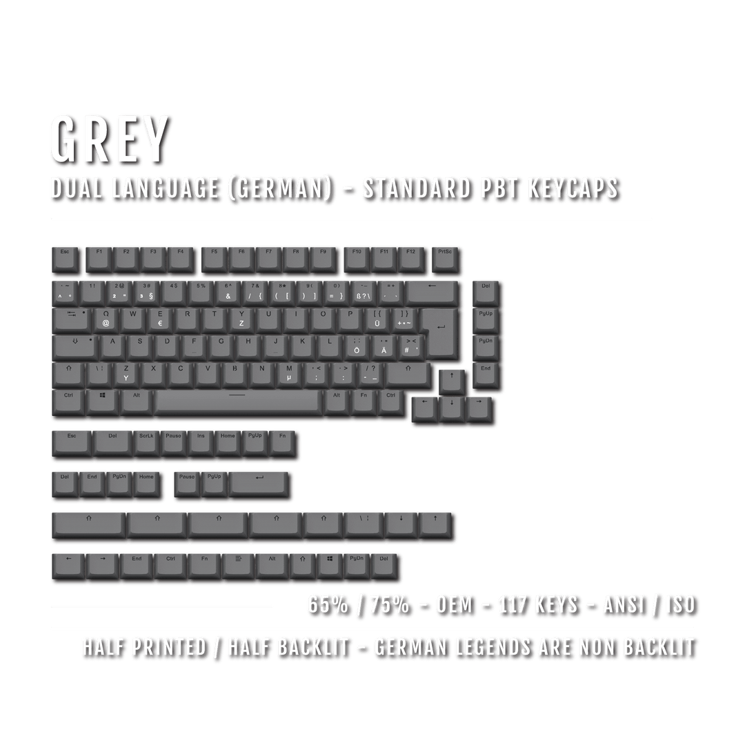 Grey German (ISO-DE) Dual Language PBT Keycaps - 65/75% Krome Keycaps LTD german