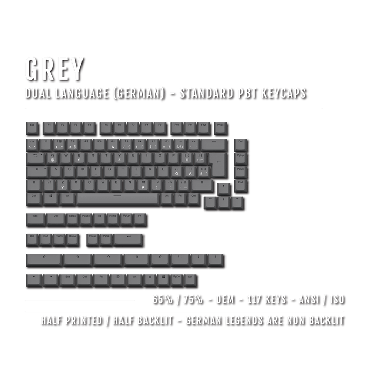 Grey German (ISO-DE) Dual Language PBT Keycaps - 65/75% Krome Keycaps LTD german