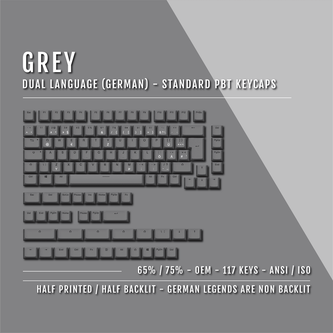 Grey PBT German Keycaps - ISO-DE - 65/75% Sizes - Dual Language Keycaps - kromekeycaps
