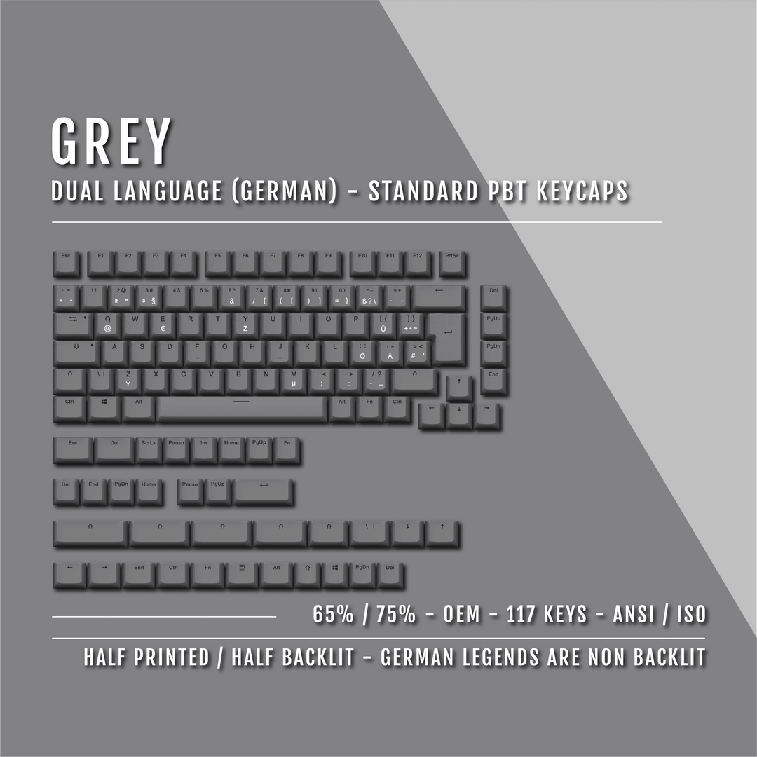 Grey German (ISO-DE) Dual Language PBT Keycaps - 65/75% Krome Keycaps LTD german