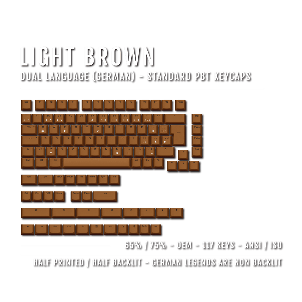 Light Brown PBT German Keycaps - ISO-DE - 65/75% Sizes - Dual Language Keycaps - kromekeycaps