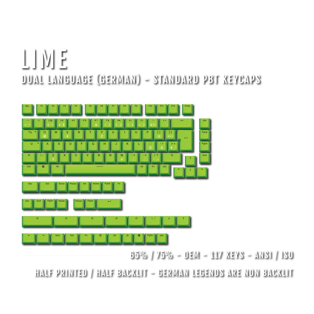 Lime PBT German Keycaps - ISO-DE - 65/75% Sizes - Dual Language Keycaps - kromekeycaps