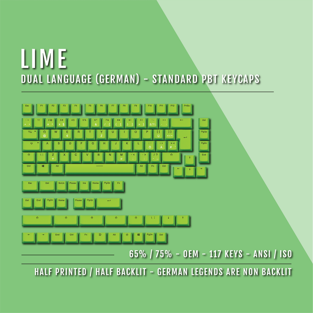 Lime PBT German Keycaps - ISO-DE - 65/75% Sizes - Dual Language Keycaps - kromekeycaps