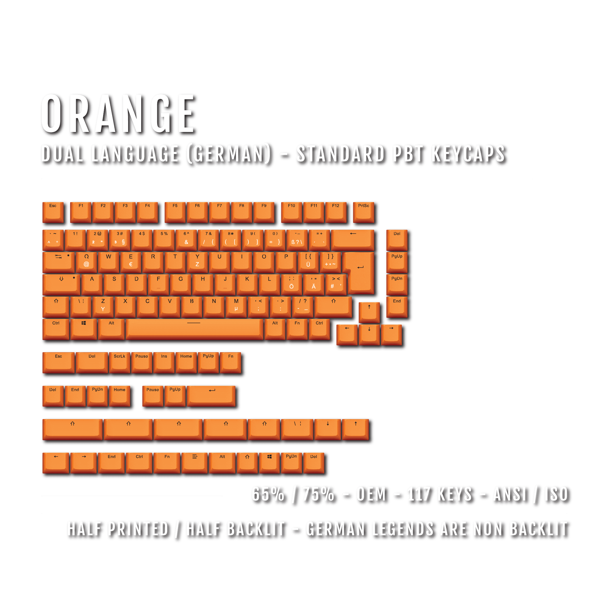 Orange PBT German Keycaps - ISO-DE - 65/75% Sizes - Dual Language Keyc ...
