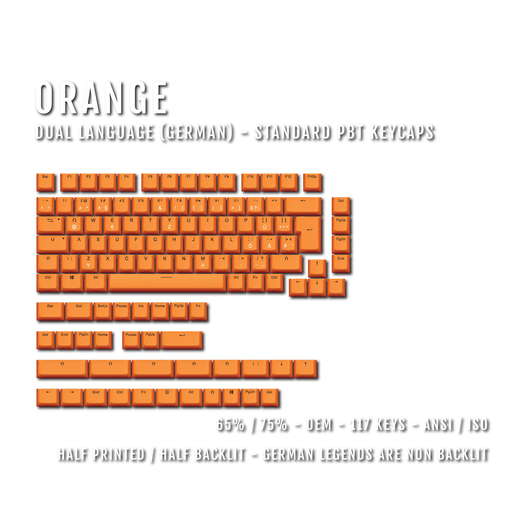 Orange PBT German Keycaps - ISO-DE - 65/75% Sizes - Dual Language Keyc ...