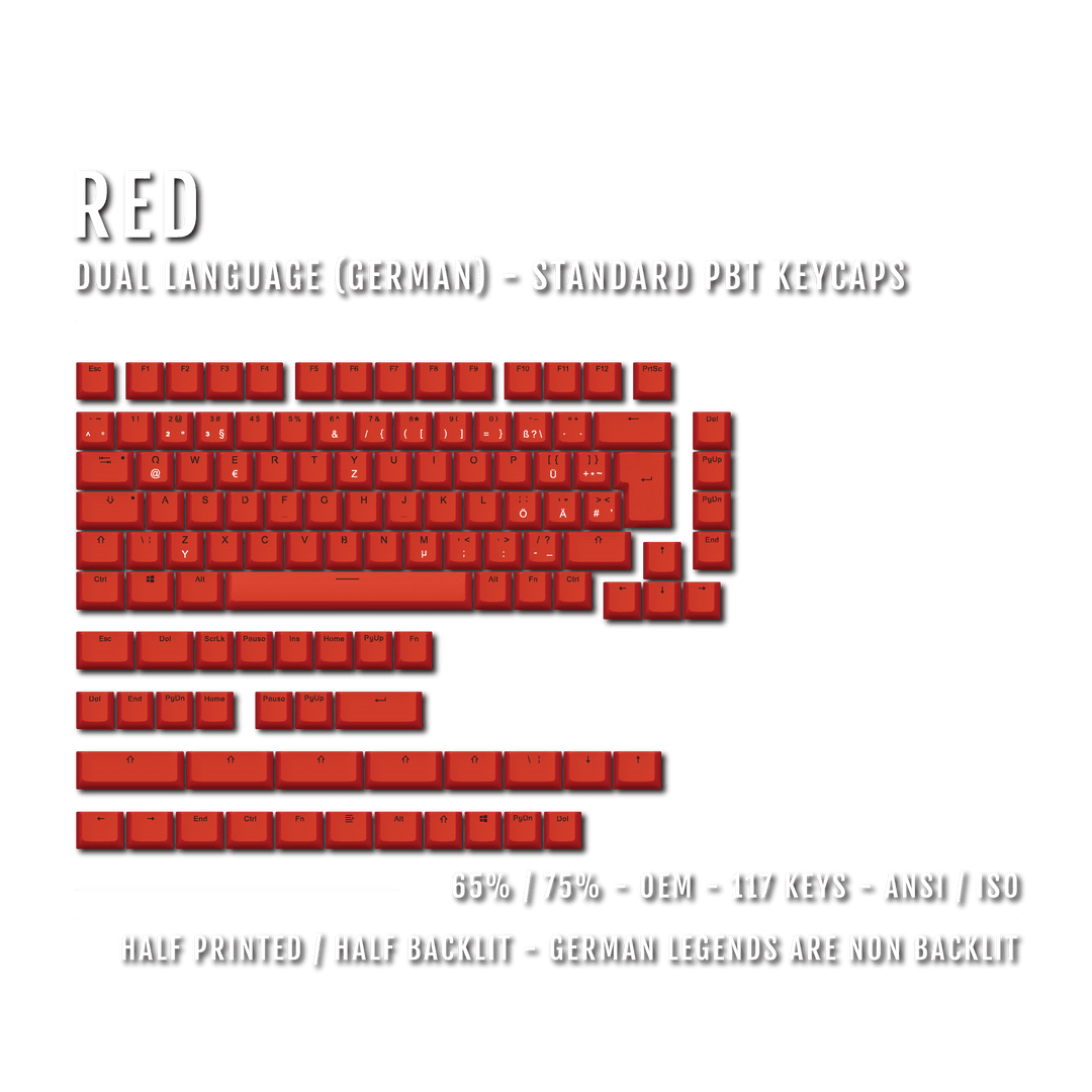 Red PBT German Keycaps - ISO-DE - 65/75% Sizes - Dual Language Keycaps - kromekeycaps