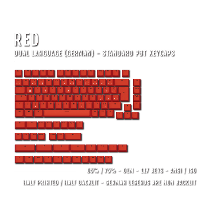 Red PBT German Keycaps - ISO-DE - 65/75% Sizes - Dual Language Keycaps - kromekeycaps