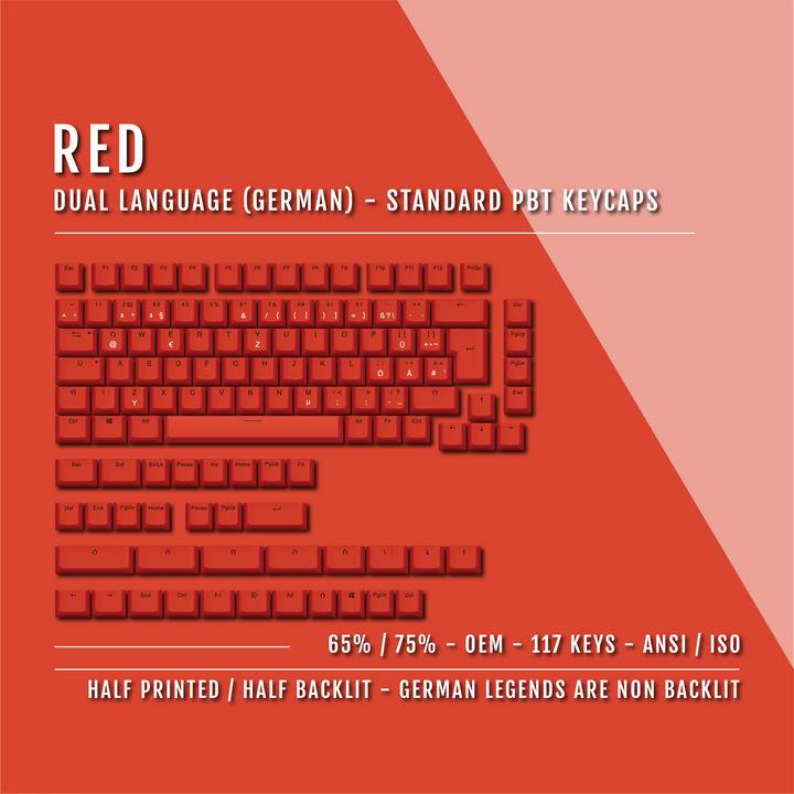 Red German (ISO-DE) Dual Language PBT Keycaps - 65/75% Krome Keycaps LTD german