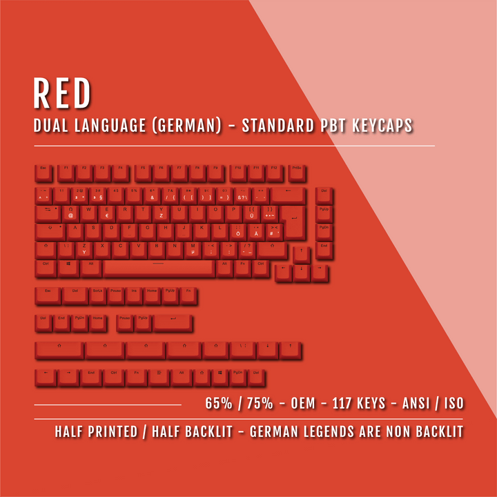 Red PBT German Keycaps - ISO-DE - 65/75% Sizes - Dual Language Keycaps - kromekeycaps