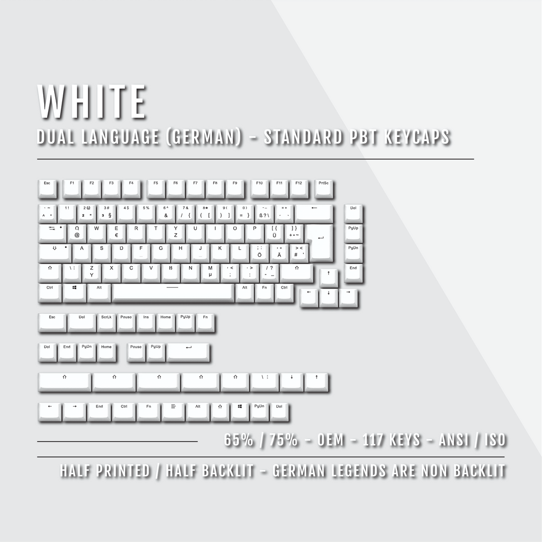 White PBT German Keycaps - ISO-DE - 65/75% Sizes - Dual Language Keycaps - kromekeycaps