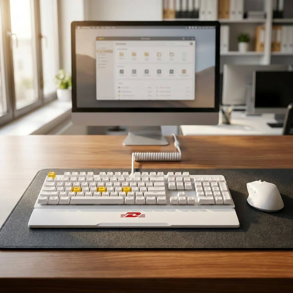 White keyboard with yellow keycaps on a desk with a computer monitor in the background. DHL BRANDED KEYCAPS