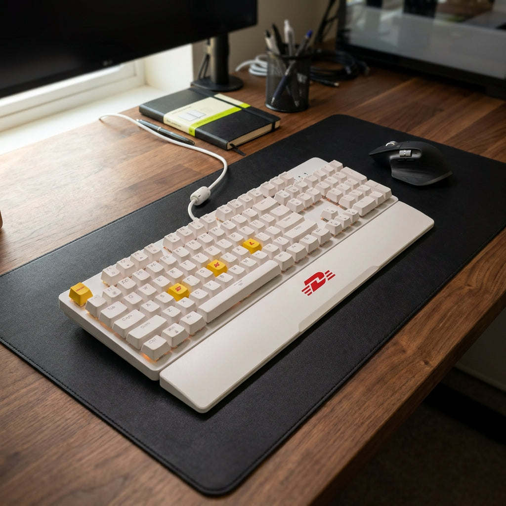 Mechanical keyboard on a desk with a mouse and stationery items. DHL: BRANDED