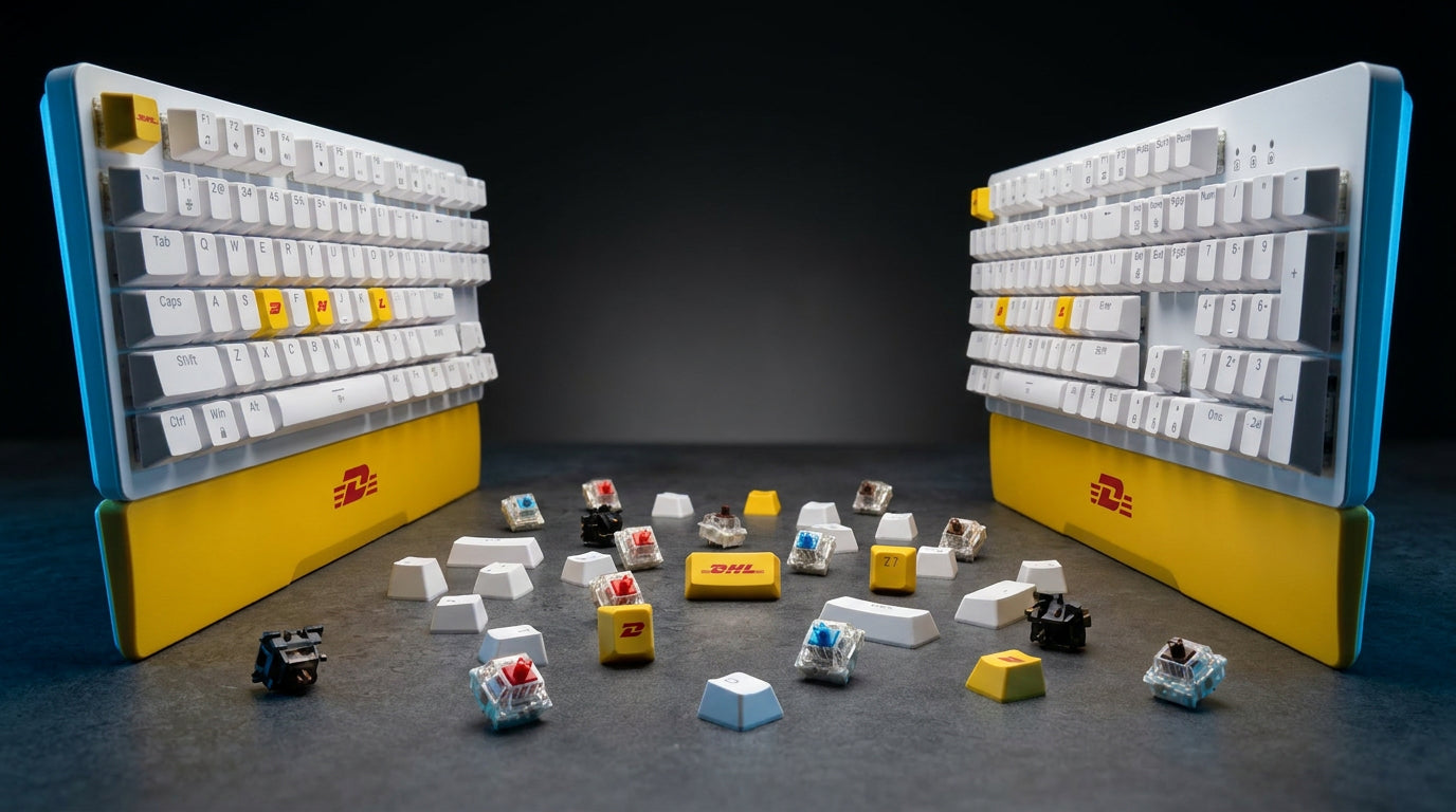 Keyboard keycaps displayed on stands with a dark background