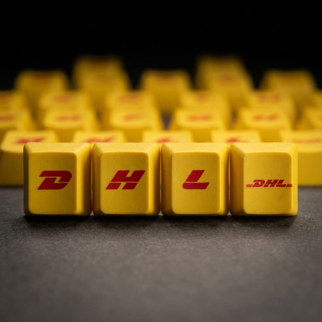 Yellow keyboard keycaps with DHL logo on a dark background