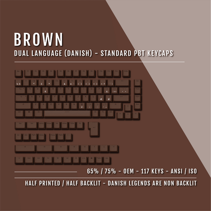 Brown Danish (ISO-DK) Dual Language PBT Keycaps - 65/75% Krome Keycaps LTD danish