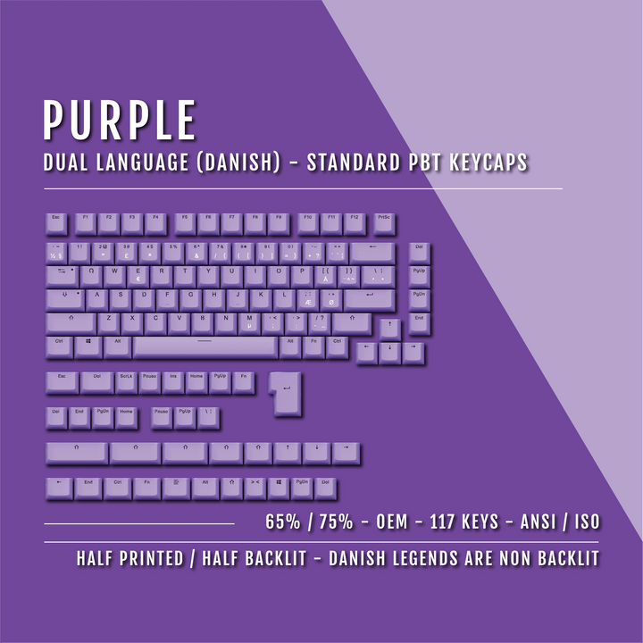 Purple PBT Danish Keycaps - ISO-DK - 65/75% Sizes - Dual Language Keycaps - kromekeycaps
