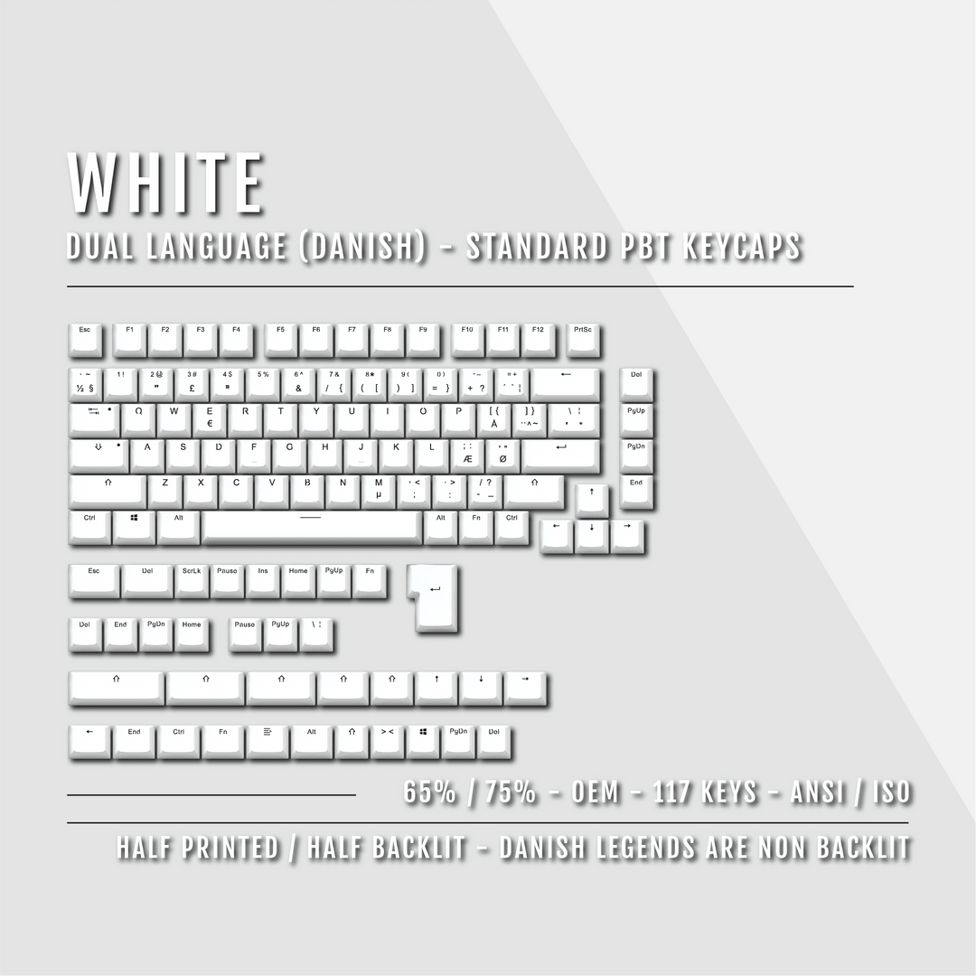 White Danish (ISO-DK) Dual Language PBT Keycaps - 65/75% Krome Keycaps LTD danish
