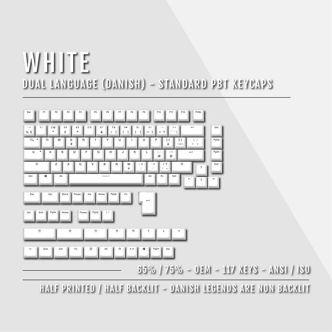 White PBT Danish Keycaps - ISO-DK - 65/75% Sizes - Dual Language Keycaps - kromekeycaps