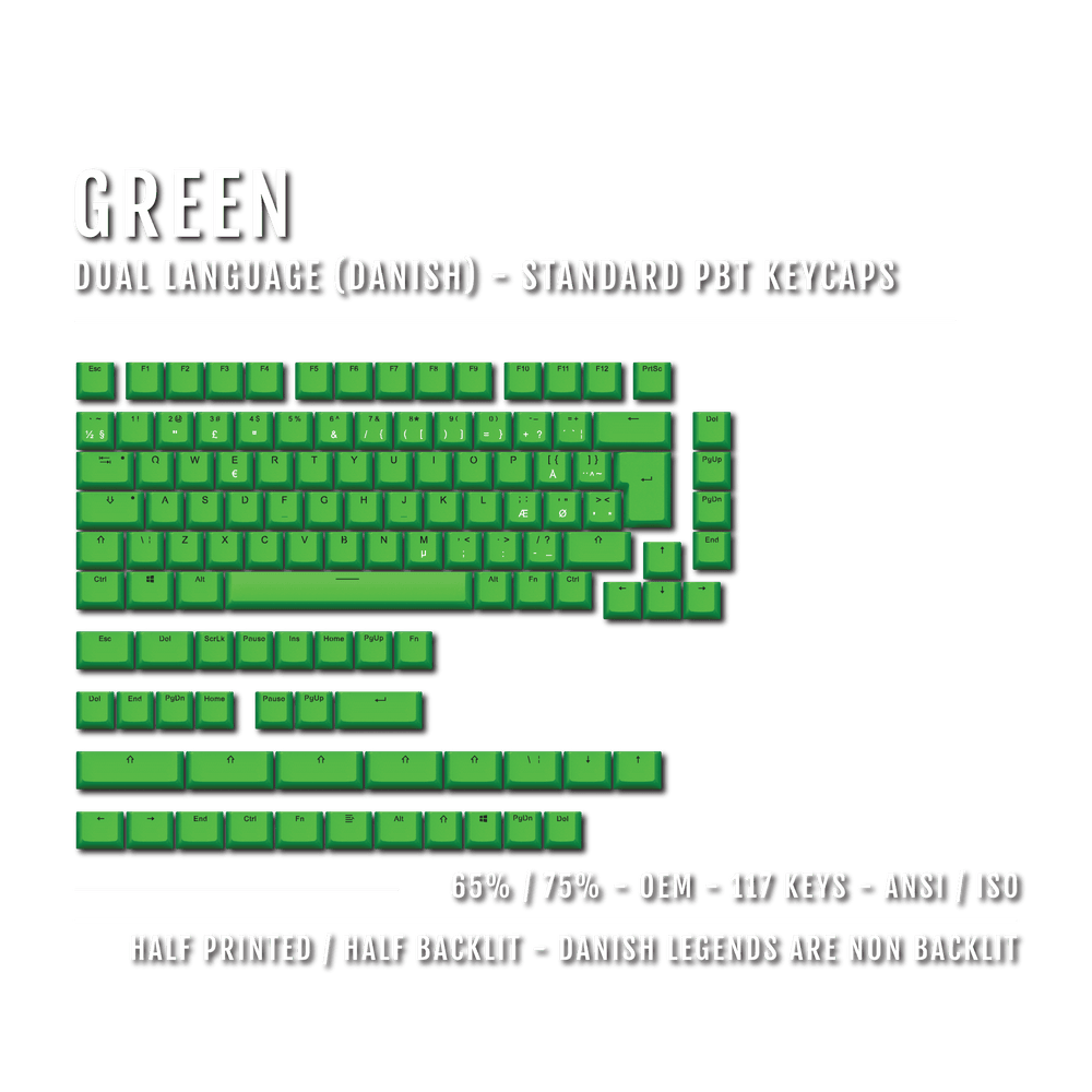 Green Danish (ISO-DK) Dual Language PBT Keycaps - 65/75% Krome Keycaps LTD danish