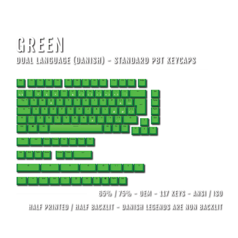 Green PBT Danish Keycaps - ISO-DK - 65/75% Sizes - Dual Language Keycaps - kromekeycaps