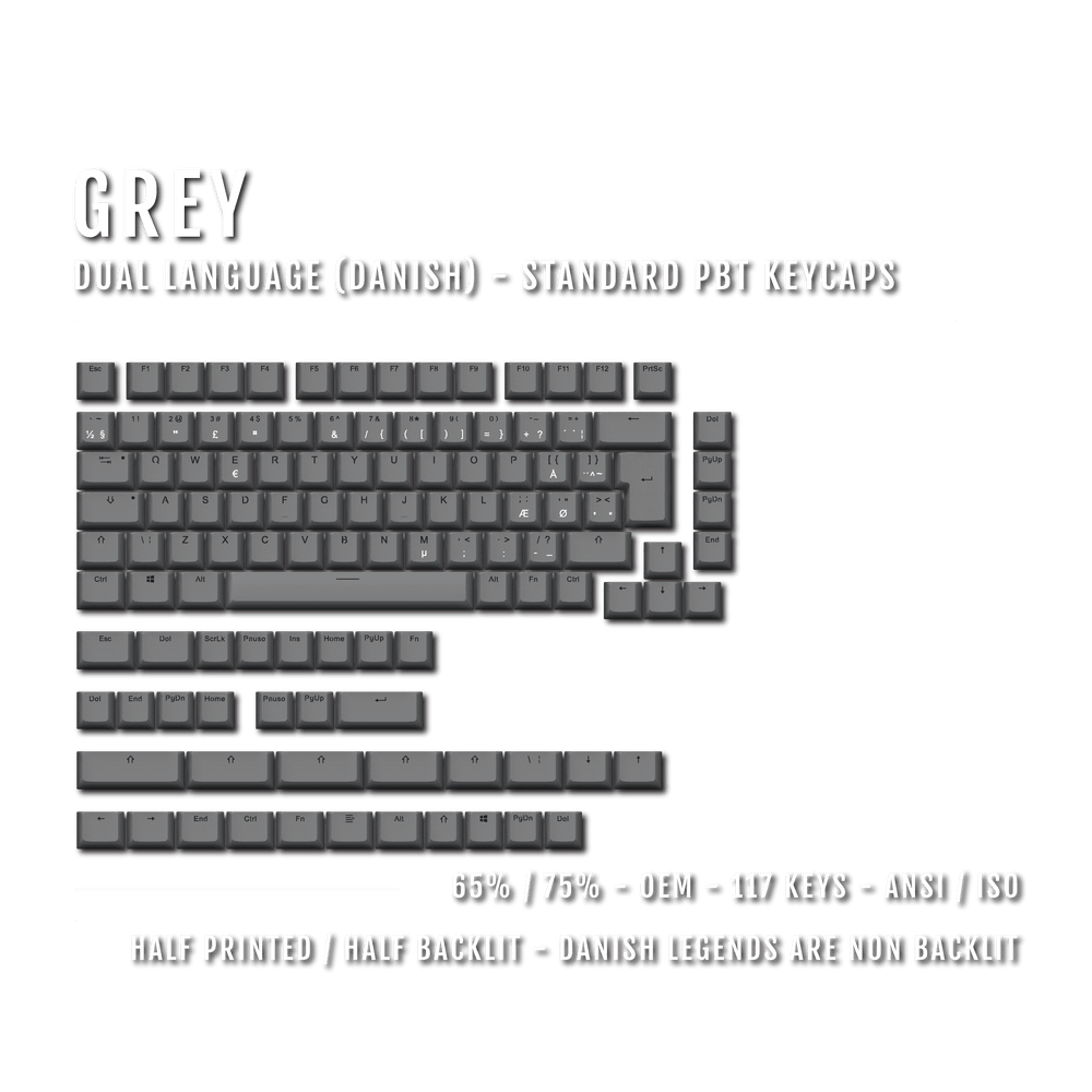 Grey PBT Danish Keycaps - ISO-DK - 65/75% Sizes - Dual Language Keycaps - kromekeycaps