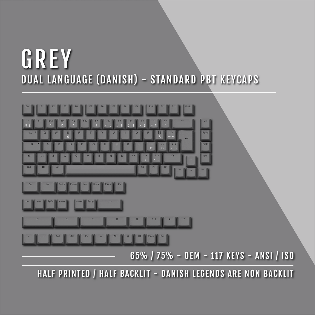 Grey PBT Danish Keycaps - ISO-DK - 65/75% Sizes - Dual Language Keycaps - kromekeycaps