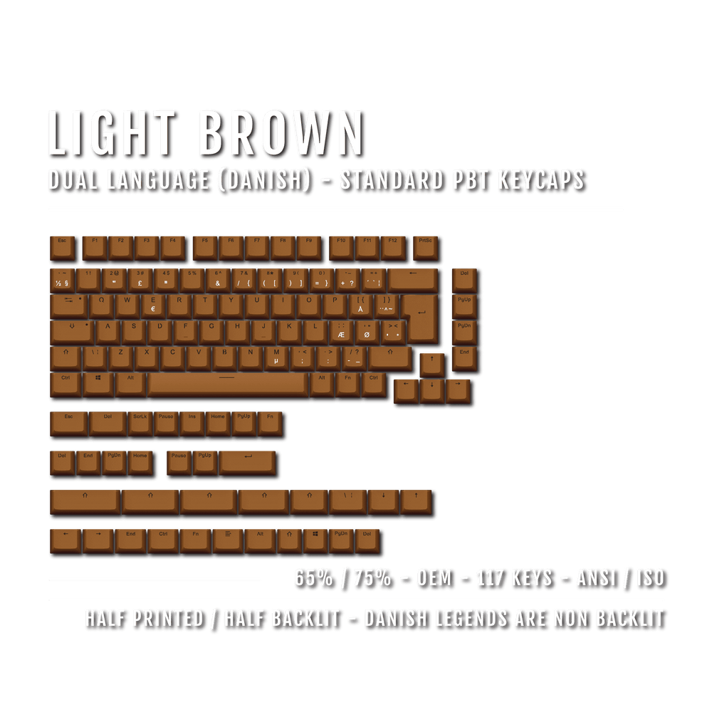 Light Brown PBT Danish Keycaps - ISO-DK - 65/75% Sizes - Dual Language Keycaps - kromekeycaps