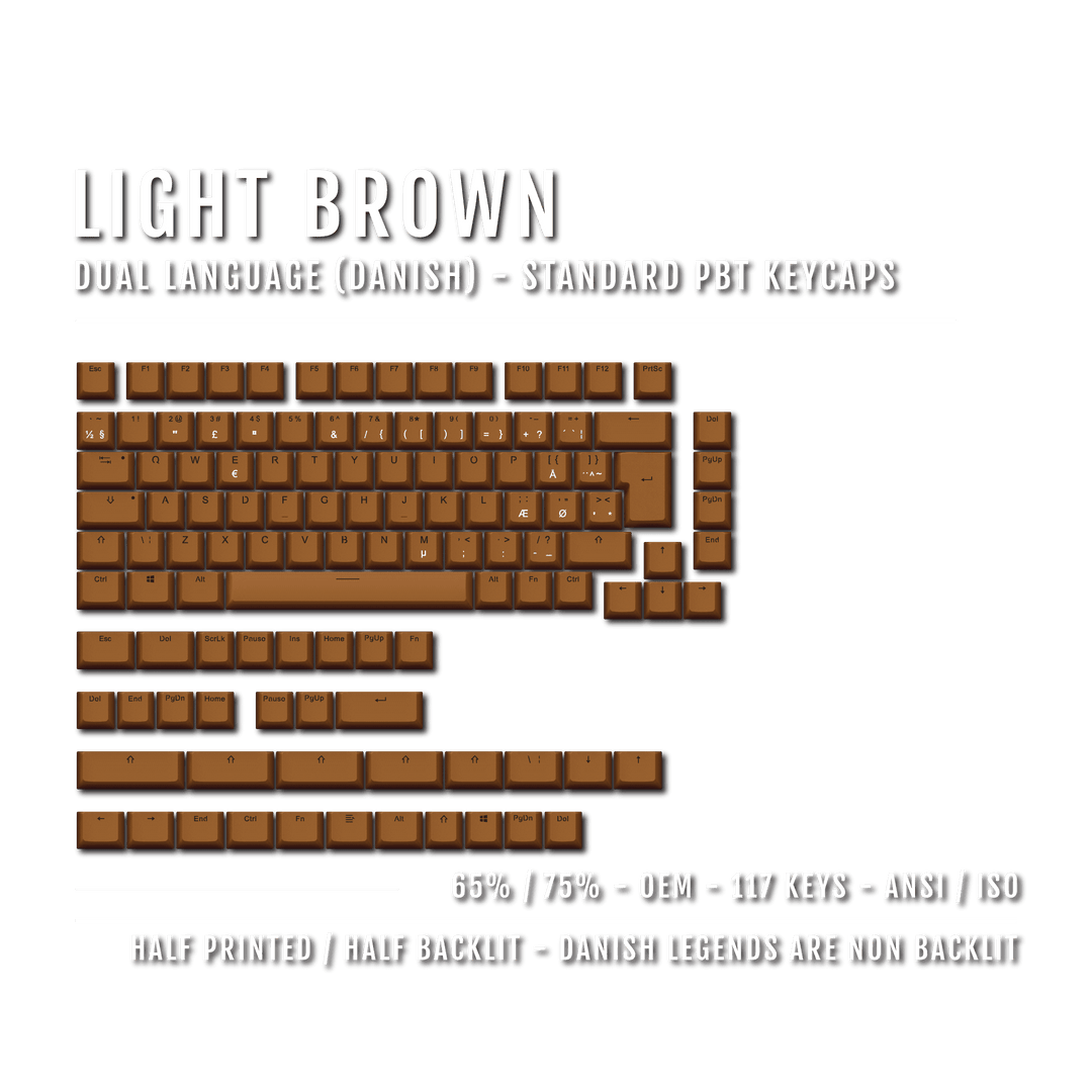 Light Brown Danish (ISO-DK) Dual Language PBT Keycaps - 65/75% Krome Keycaps LTD danish
