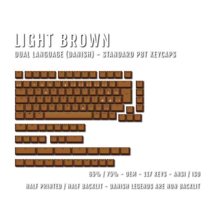 Light Brown Danish (ISO-DK) Dual Language PBT Keycaps - 65/75% Krome Keycaps LTD danish