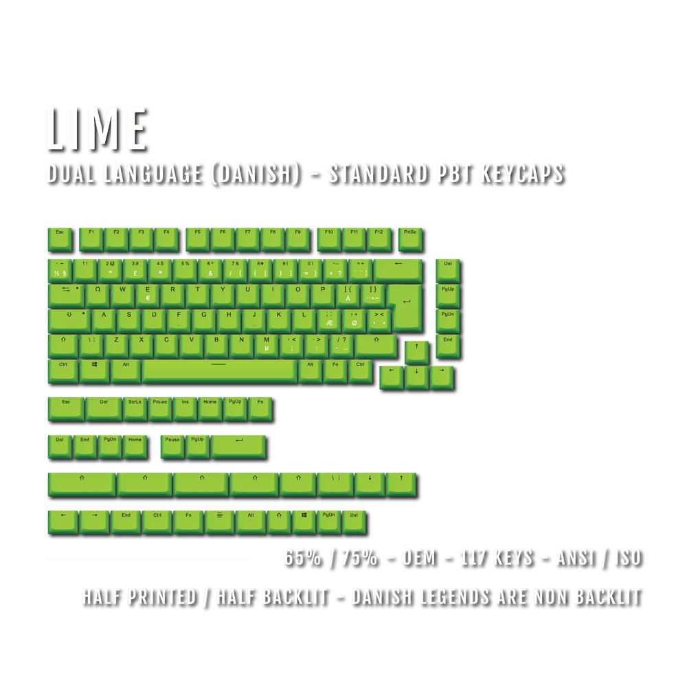 Lime PBT Danish Keycaps - ISO-DK - 65/75% Sizes - Dual Language Keycaps - kromekeycaps