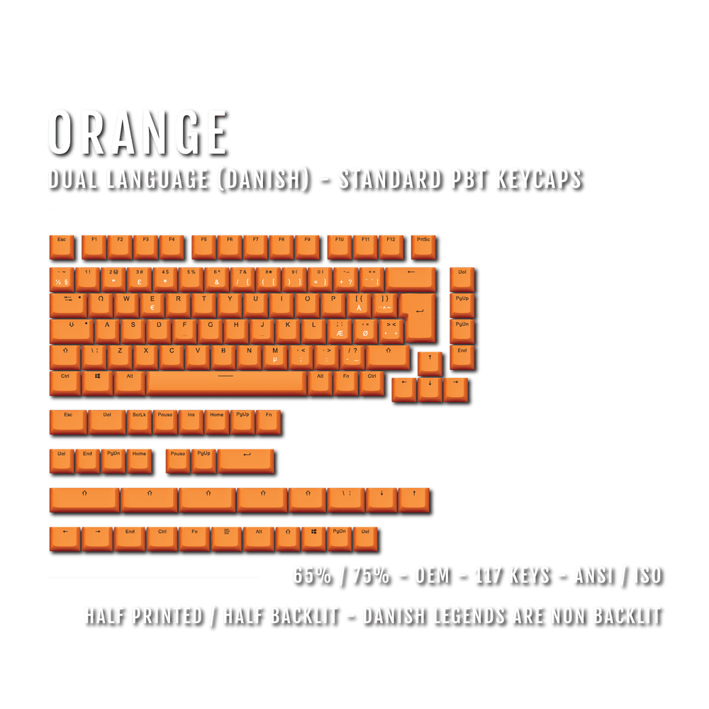 Orange PBT Danish Keycaps - ISO-DK - 65/75% Sizes - Dual Language Keycaps - kromekeycaps