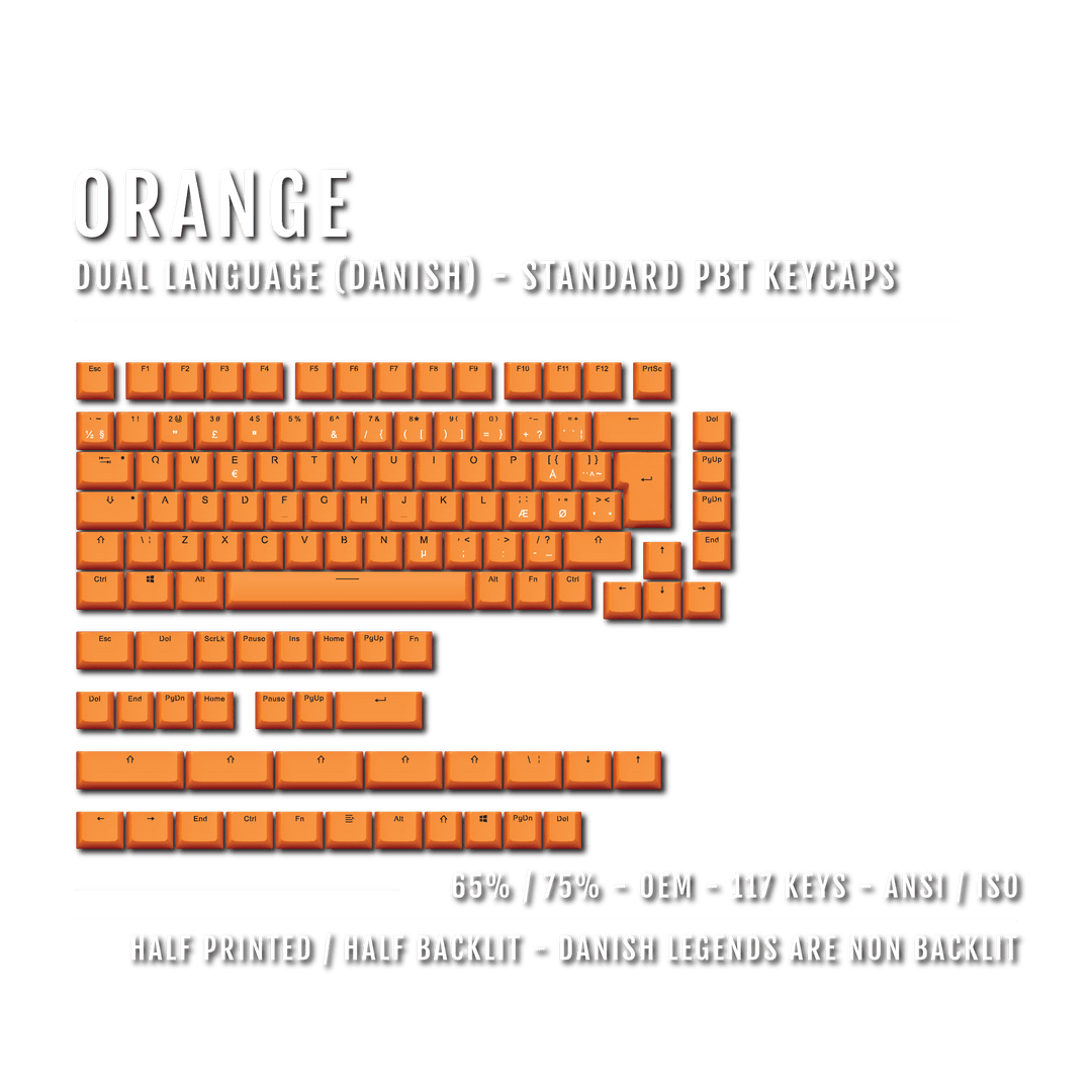 Orange PBT Danish Keycaps - ISO-DK - 65/75% Sizes - Dual Language Keycaps - kromekeycaps