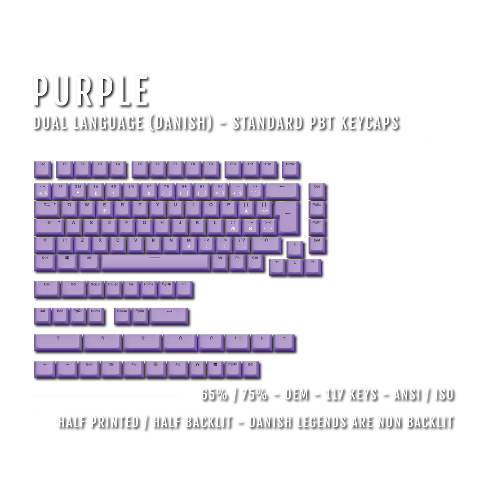 Purple Danish (ISO-DK) Dual Language PBT Keycaps - 65/75% Krome Keycaps LTD danish