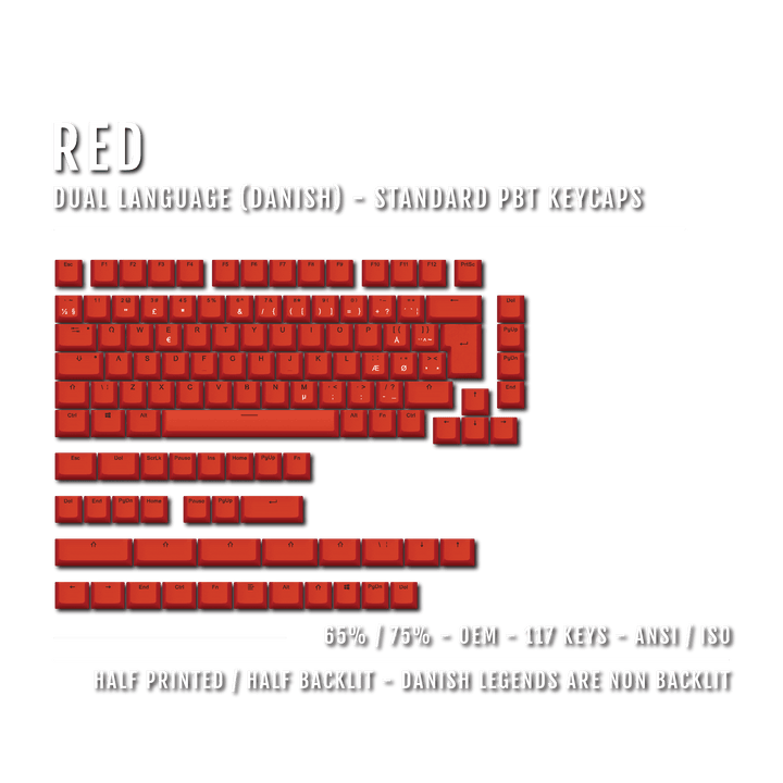 Red PBT Danish Keycaps - ISO-DK - 65/75% Sizes - Dual Language Keycaps - kromekeycaps