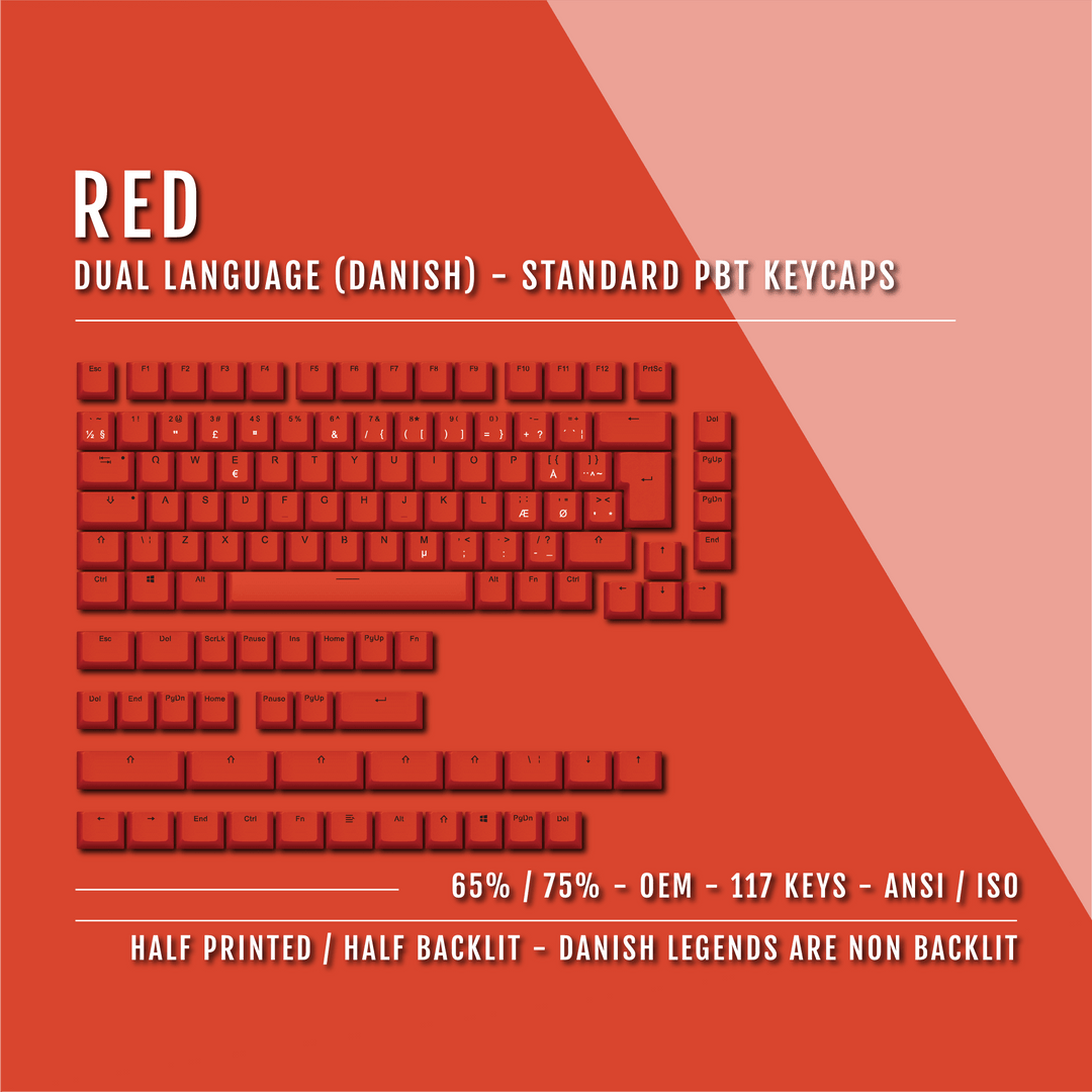 Red Danish (ISO-DK) Dual Language PBT Keycaps - 65/75% Krome Keycaps LTD danish
