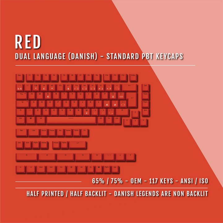 Red Danish (ISO-DK) Dual Language PBT Keycaps - 65/75% Krome Keycaps LTD danish