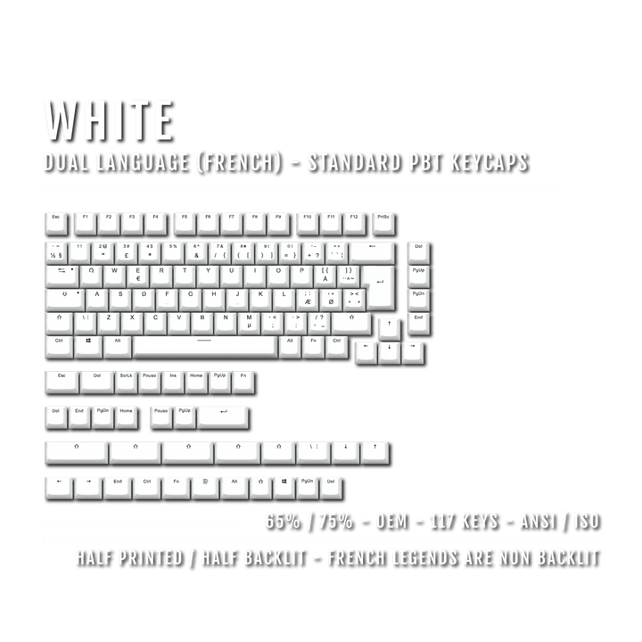 White PBT Danish Keycaps - ISO-DK - 65/75% Sizes - Dual Language Keycaps - kromekeycaps