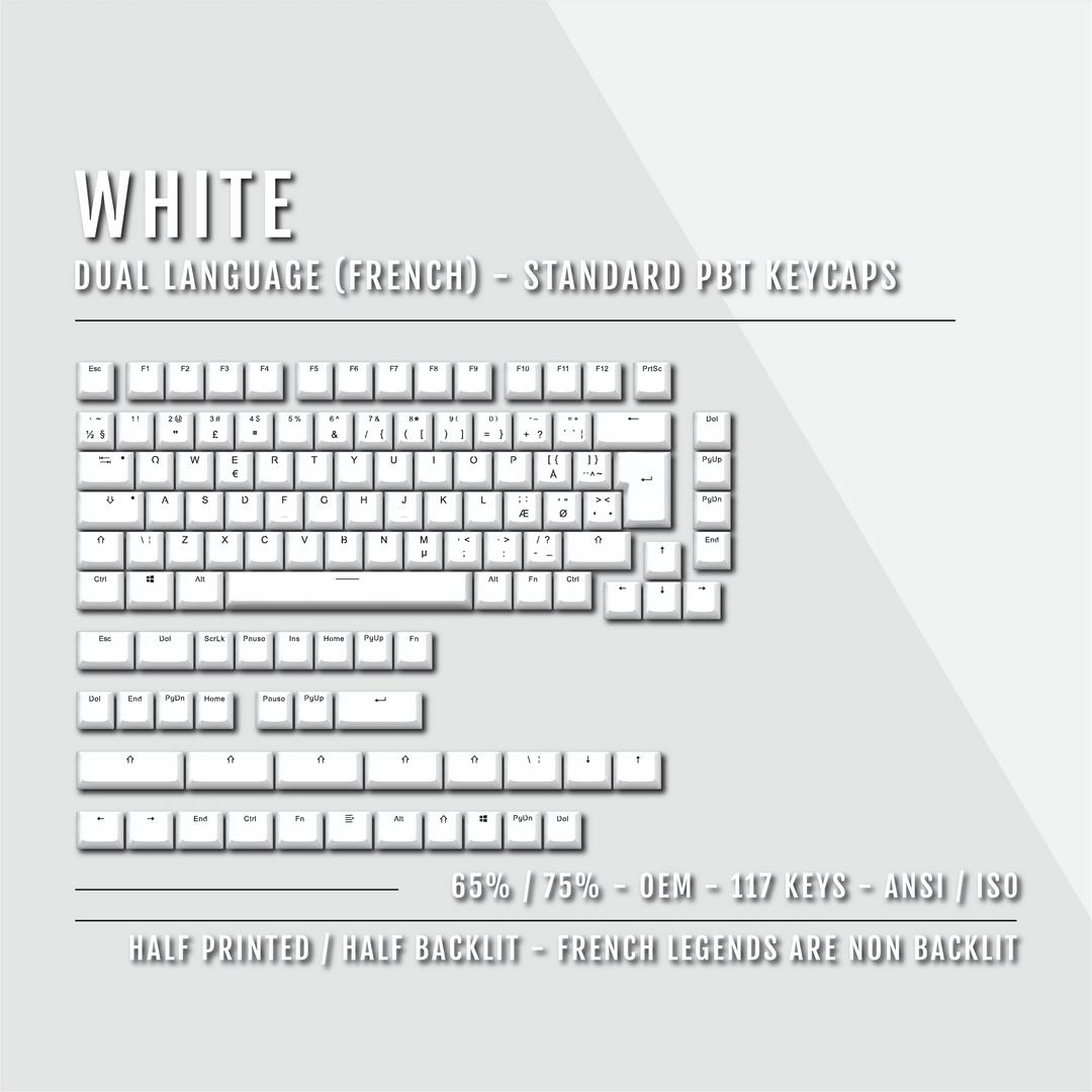 White PBT Danish Keycaps - ISO-DK - 65/75% Sizes - Dual Language Keycaps - kromekeycaps