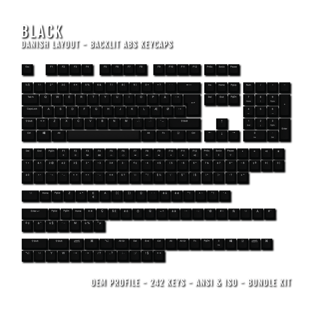 Black Backlit Danish Keycaps - ISO-DK - Windows & Mac - kromekeycaps