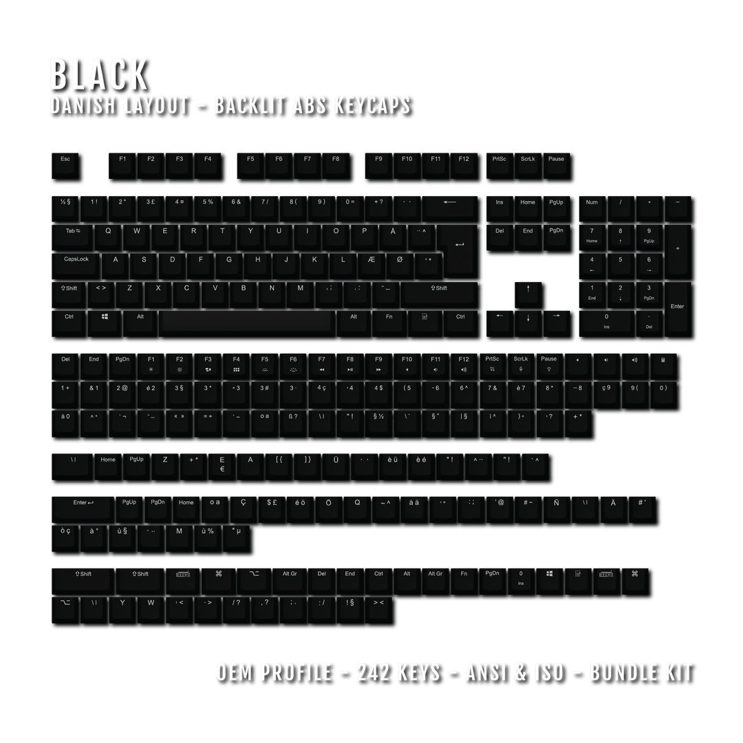 Black Danish (ISO-DK) Backlit ABS Keycaps for Windows & Mac Krome Keycaps LTD danish