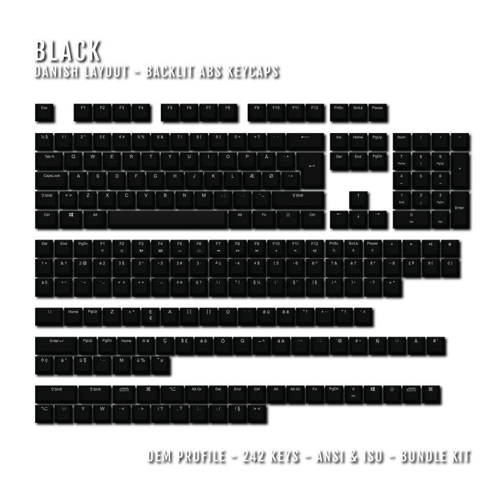 Black Danish (ISO-DK) Backlit ABS Keycaps for Windows & Mac Krome Keycaps LTD danish