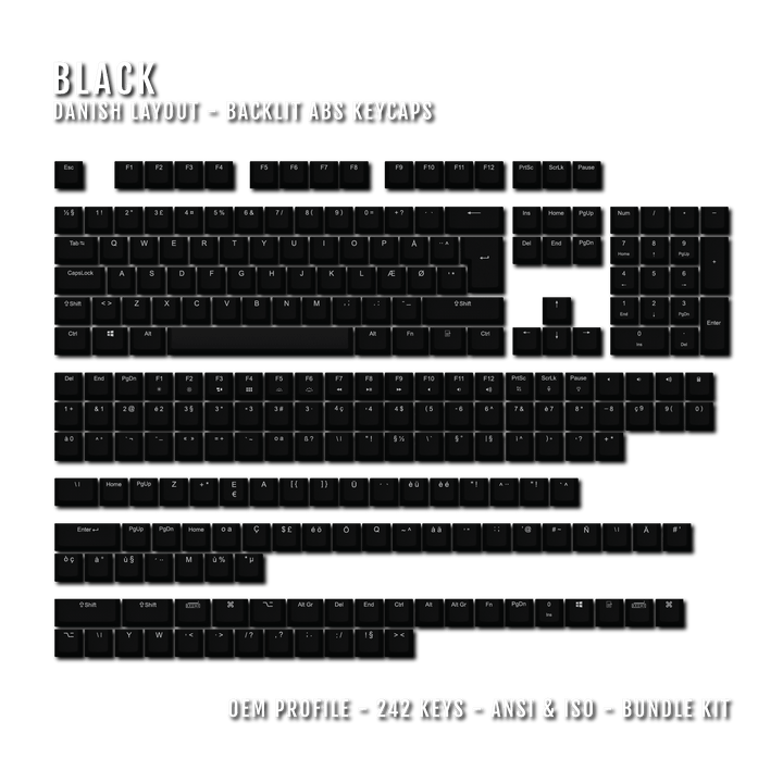 Black Backlit Danish Keycaps - ISO-DK - Windows & Mac - kromekeycaps