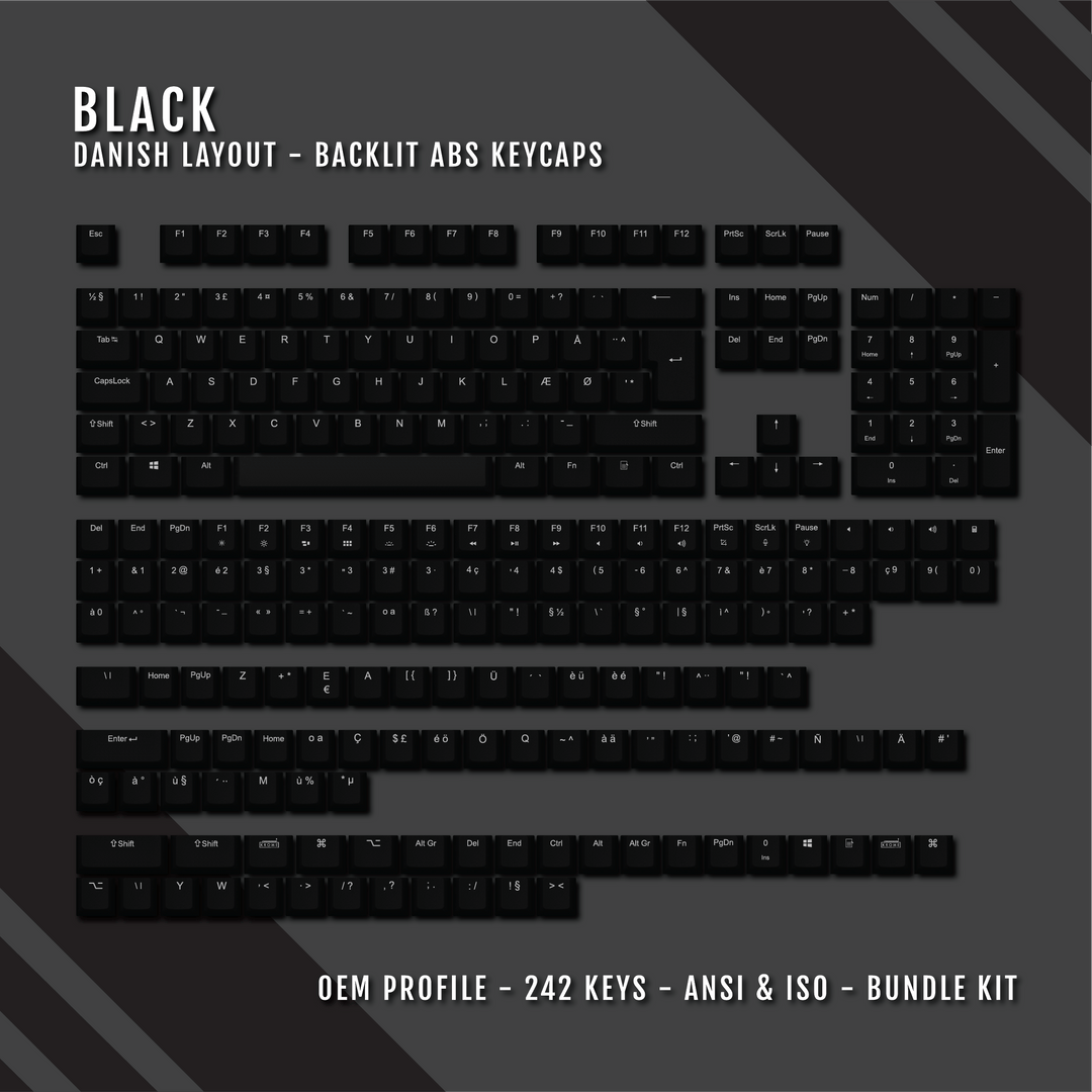Black Backlit Danish Keycaps - ISO-DK - Windows & Mac - kromekeycaps